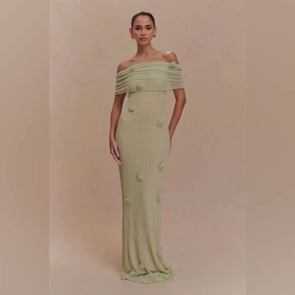 Meshki Olive Green Off-Shoulder Maxi Dress